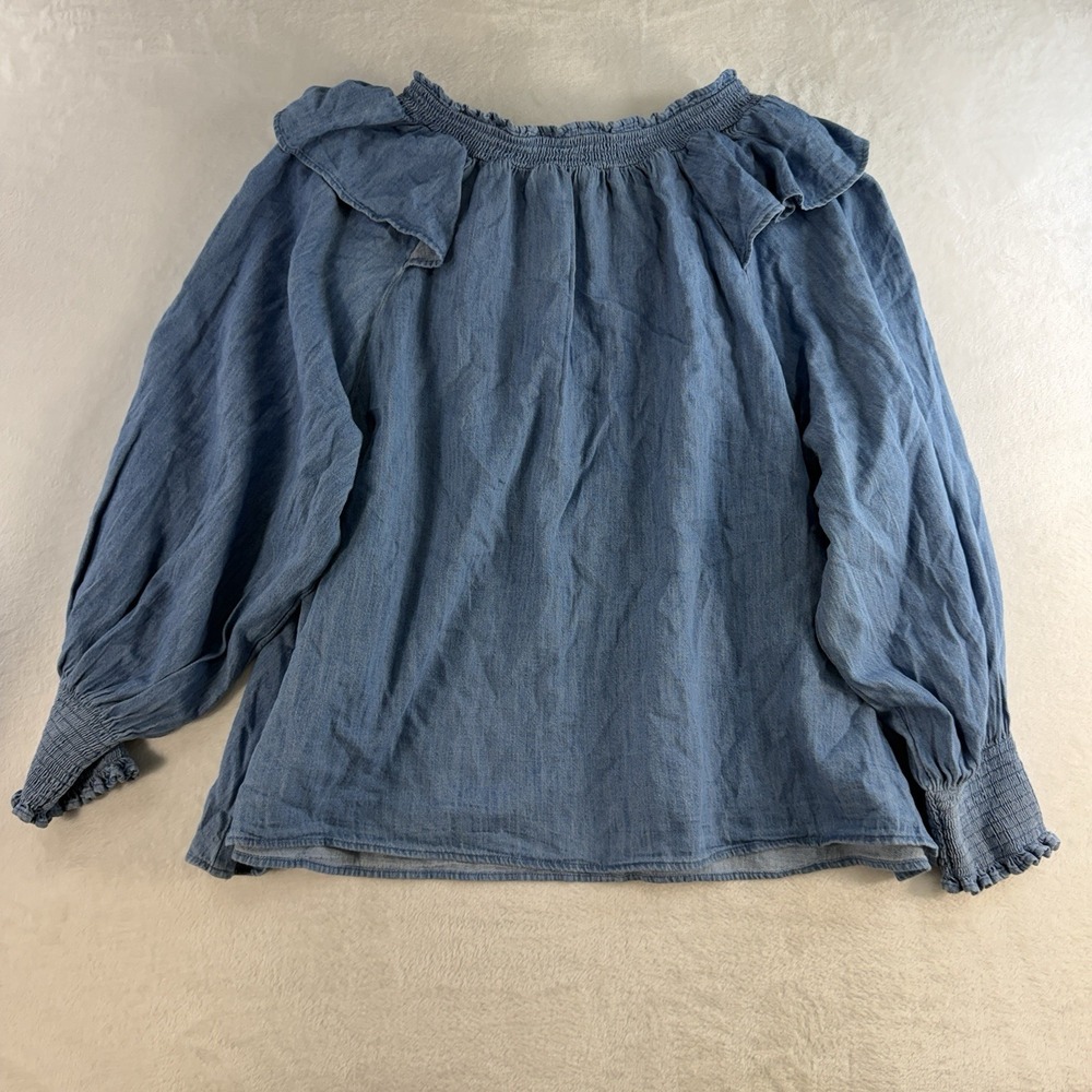 Old Navy Plus 4X Poet Blouse‎ Puff Sleeve Non Stretch Jean Ruffle Trimmed Boho - Picture 12 of 13